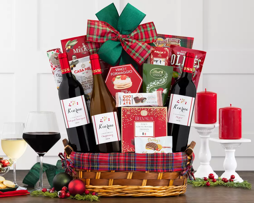 Wine gift basket with red and white wine and holiday food favourites