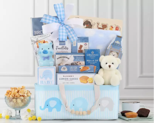Baby gift basket for boy with teddy bear, books, and toys 