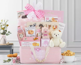 Pink gift basket with teddy bear, snacks, cokies