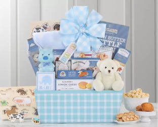 Baby gift basket with teddy bear, cookies, and other items 