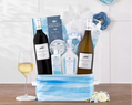 Wine and spa gift basket with two bottles of wine,  and spa items