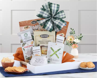 Gourmet gift basket with soup and snacks in a tote
