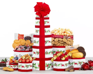 Decorative gift tower with fruits, nuts, and candies 