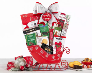 Gift basket shaped like a sleigh with various items 
