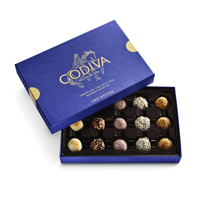 Godiva dessert truffles chocolate truffles in an open blue box 