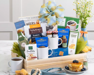 Breakfast tray pancake syrup tea 