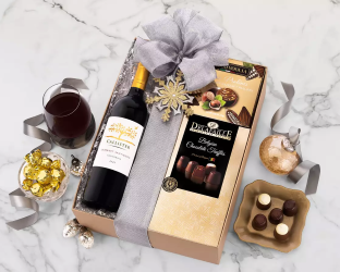 Wine bottle with a gift box of chocolates 