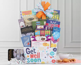 Gift basket with various items including books and a mug, labeled 'Get Well Soon', 