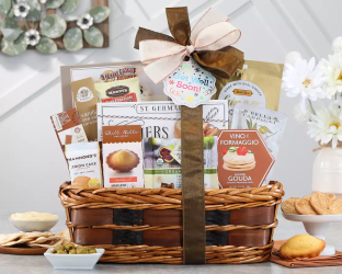 Gift basket with various items including a bottle of wine, cheese, and crackers 