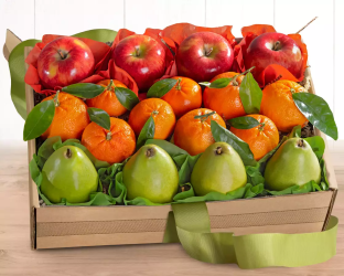 Box of assorted fruits including apples, oranges, and pears 