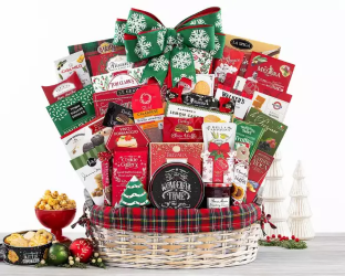 Christmas gift basket with various items 