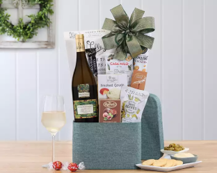 Gift basket with wine, snacks, 