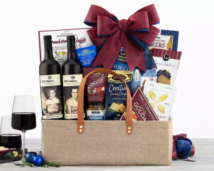 Gift basket with wine, snacks