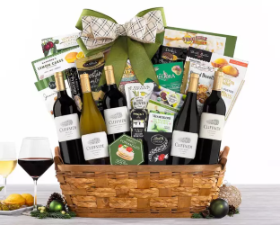 Wine gift basket with bottles, snacks, 