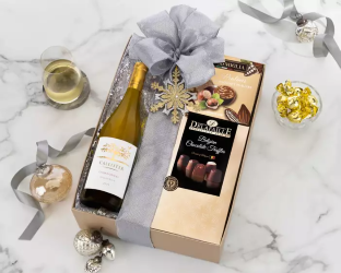 Wine bottle with a gift box and chocolate 