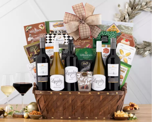 Gift basket with wine bottles, snacks,