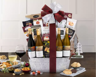 Gift basket with wine, cheese, and snacks 