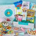 Birthday-themed gift box with snacks and candies 
