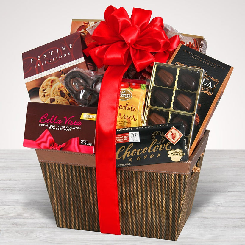 Gift basket filled with chocolate and snack items 