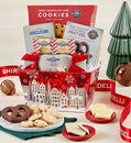 Ghirardelli holiday gift basket with cookies, pretzels,