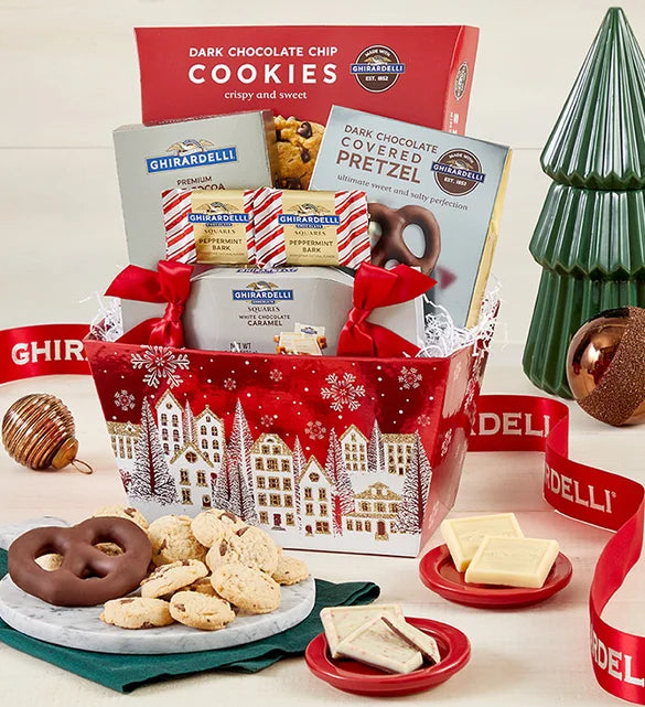Ghirardelli holiday gift basket with cookies, pretzels,