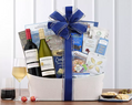 Kosher Gift basket with wine, snacks, and a blue bow