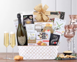 Gourmet gift basket with Dom Perignon champagne, snacks, and chocolates 