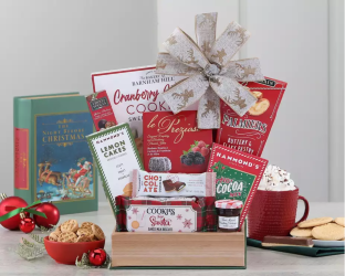 Gourmet gift basket with cookies, hot cocoa mix, and other treats