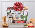 Gift basket with various snacks and a red ribbon 