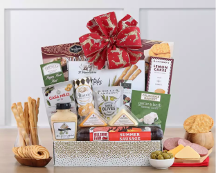 Gift basket with various snacks and a red ribbon 
