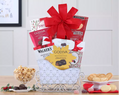 Gift basket with snacks and a red bow 
