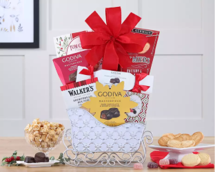 Gift basket with snacks and a red bow 