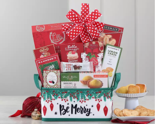 Gift basket with holiday-themed 