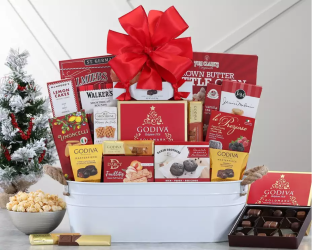 Gift basket with Godiva chocolates, cookies, and other treats 
