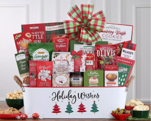 Gift basket with holiday-themed products and a large bow