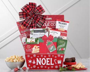 Gift basket with a plaid bow labeled 'NOEL'