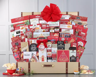 Gourmet gift basket with various items including chocolate, cookies, and candies 