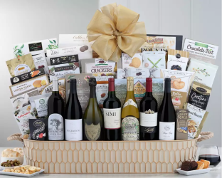 Gourmet gift basket with wine, snacks, 