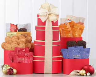 Decorative Valentine gift tower with snacks and treats 