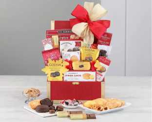 Godiva Gift basket with a variety of snacks and treats in a chest