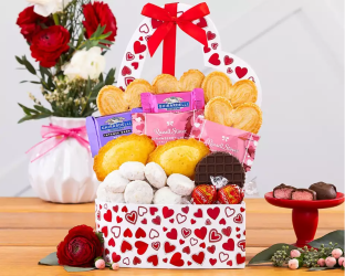 Valentine's Day gift basket with cookies, chocolates