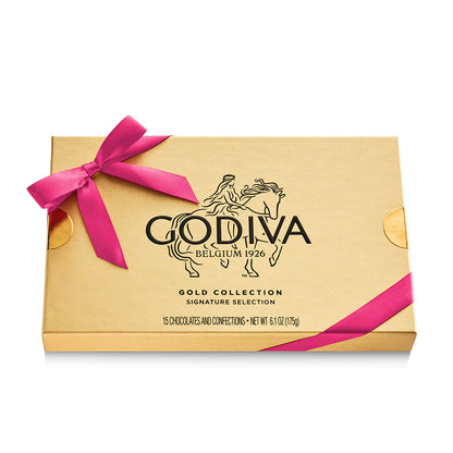 Godiva chocolate box with a pink ribbon on a white background