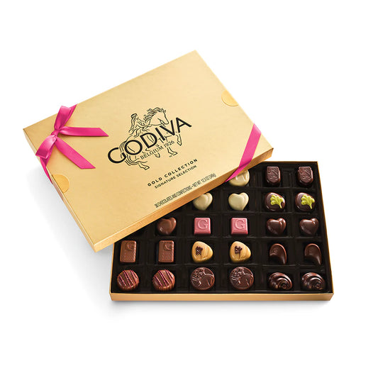 Godiva chocolate box with a variety of chocolates