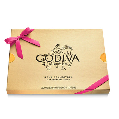 Godiva Gold Collection chocolate box with pink ribbon on a white background