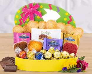 Gift basket with cookies, candies, and other treats.