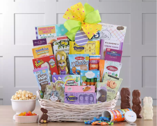 Gift basket with snacks and Easter-themed items