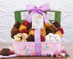 Gift basket with teddy bears, cookies, and a purple ribbon 
