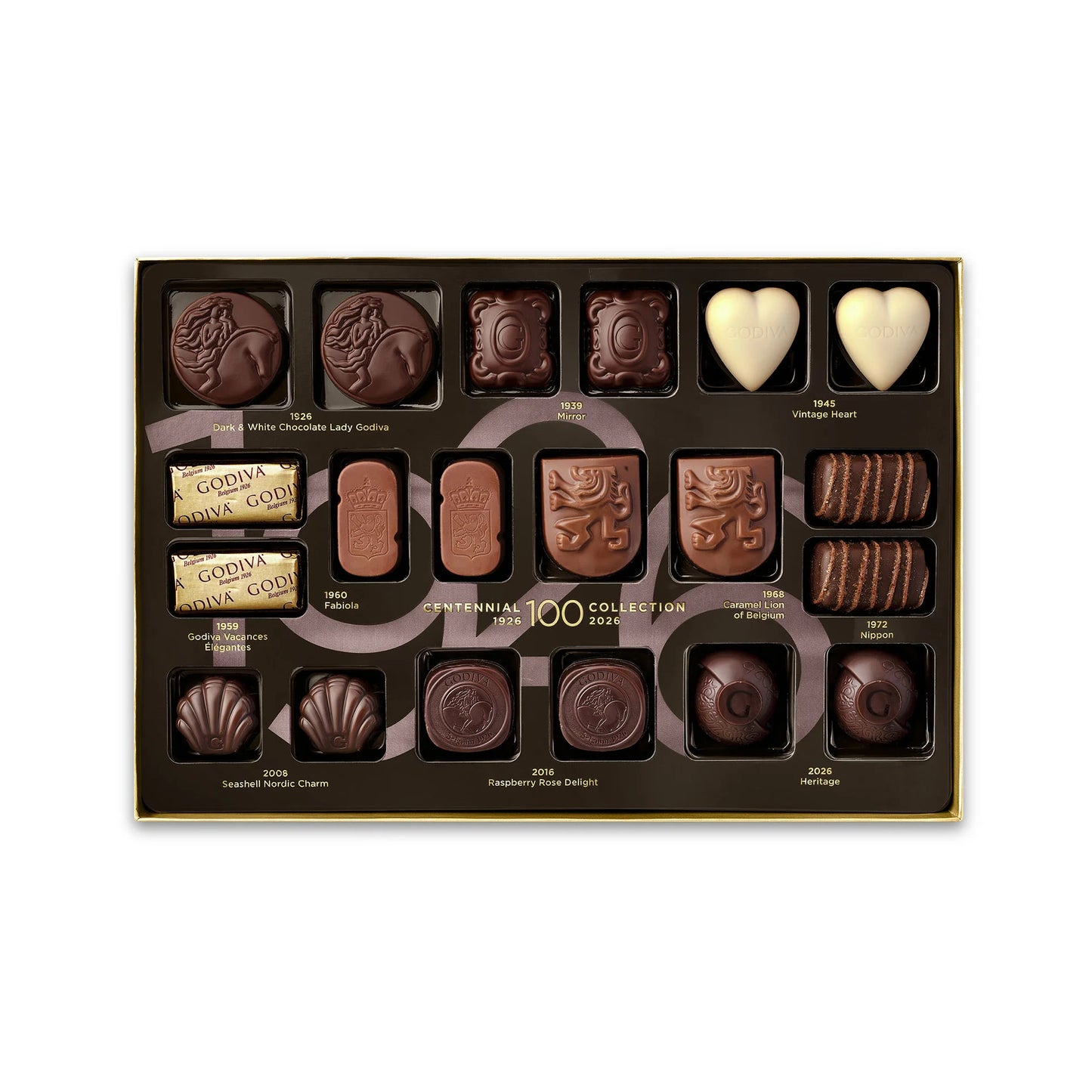 Assorted chocolates in a box with visible Godiva branding on a white background
