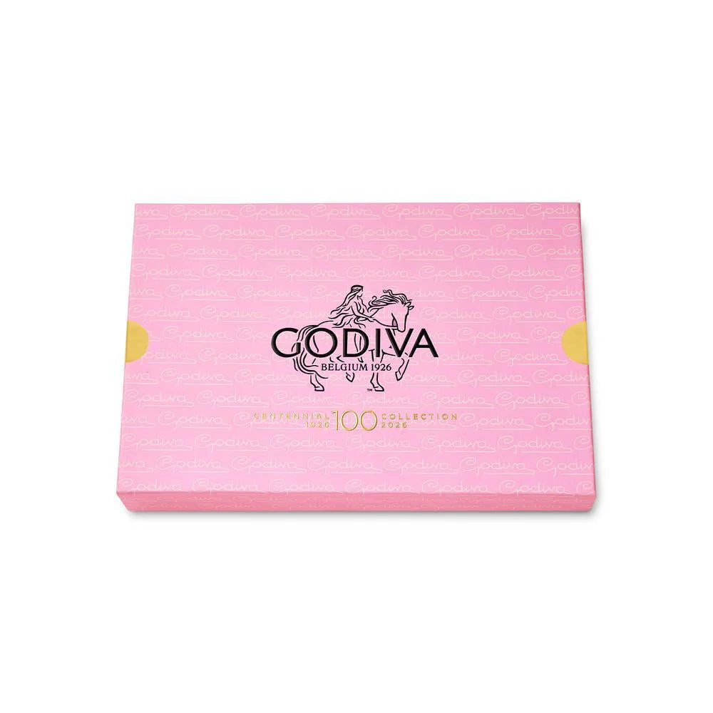 Pink Godiva chocolate box on a white background