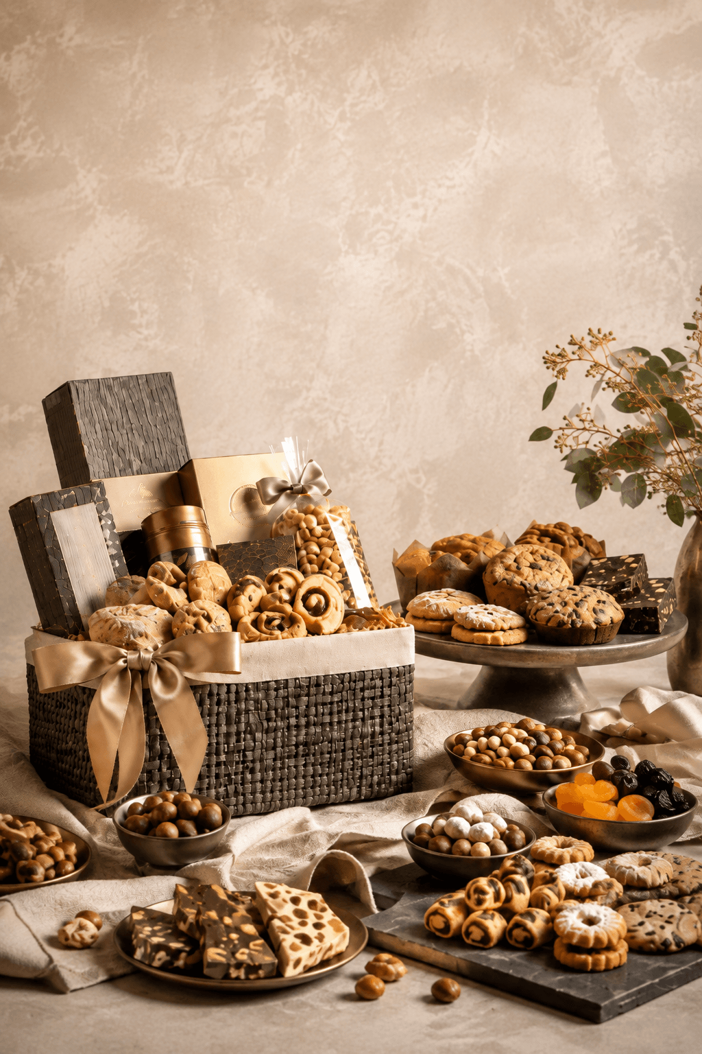 A styled gourmet food and gift arrangement on a tabletop against a textured beige wall. The scene includes a woven gift basket with boxes and ribbon, multiple pedestal platters and plates of assorted pastries, cookies, nuts, dried fruit, and a vase with eucalyptus branches.